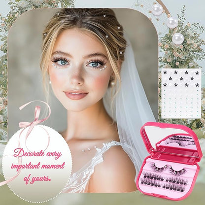 Lash Clusters Kit with Self Adhesive Pearl Stickers Fluffy Lash Clusters Left Right Lash Extension Kit with Bond Seal Eyelash Kit Gift Set with Drawstring Bag Portable Starter Kit Birthday Gift Women