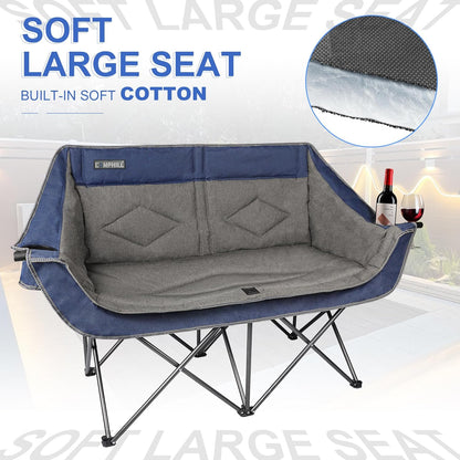 Oversized Double Camping Chair-Heavy Duty 2 Person Folding Loveseat Camp Couch for Adults,Portable Outdoor Lawn Chairs with Padded Seat for Fishing,Sports and Patio,Supports 500 LBS,Blue