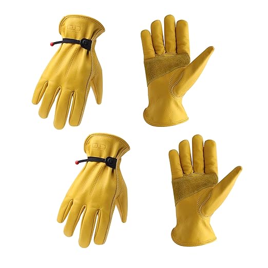 HLDD HANDLANDY 2 Pairs Cowhide Leather Work Gloves for Men & Women, Reinforced Durable Palm, Heavy Duty for Construction, Welding, Yardwork, Farm, Mechanic, Gardening, Driving