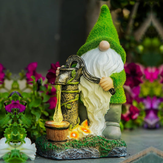 Water Pump Gnome Garden Decor for Yard/Lawn/Patio/Deck - Outdoor Weatherproof Statue with Solar Light - Moss Effect - Fun Spring & Summer Charming Gnomes Gifts for Women (Forest Green)