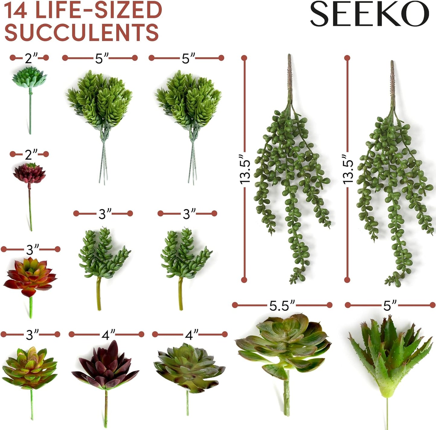SEEKO Succulents Plants Artificial (14 Pack) - Premium Fake Succulents - Realistic Artificial Succulents Unpotted - Faux Plants for Craft - Small Assortment for Party, Garden, Home & Outdoor Decor