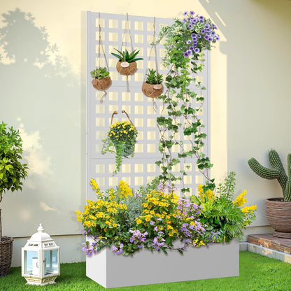 Metal Raised Garden Bed, Trellis Planters Bed with Drainage Holes for Climbing Plants, Vegetables Outdoor Privacy Screen with Planter Box 73"x35"x16", White