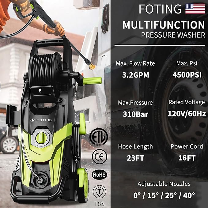 2025New Pressure Power Washer 4500PSI with 4 Quick Connect Nozzles,Inlet Hose & Filter, Foam Cannon for Cars/Fences/Driveways/Patios/Home Cleaning(Green)