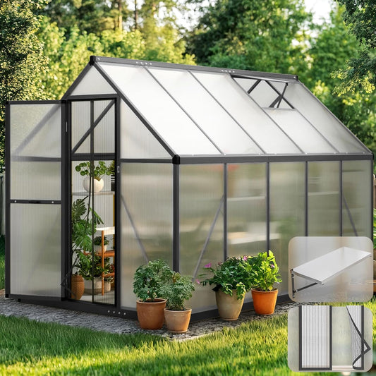 KING BIRD Greenhouse for Outdoors, 9.2x6 FT Polycarbonate Walk-in Green House, Quick-Setup Aluminum Frame UV Resistant Panel for Outside Garden Backyard W/ Lockable Screen Door, Vent, 2 Shelves, Black
