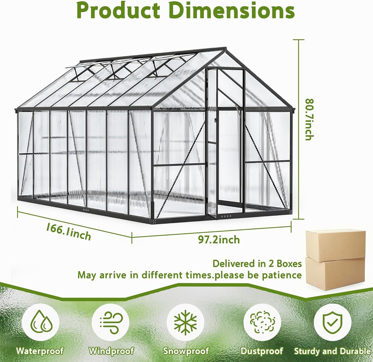 Wanan 14x8FT Greenhouses for Outdoors, Quick Assembly Polycarbonate Green House with UV Protection, Heavy Duty Windproof Aluminum Frame, Adjustable Roof Vent for Backyard or Outdoor Garden Use