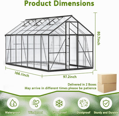 Wanan 14x8FT Greenhouses for Outdoors, Quick Assembly Polycarbonate Green House with UV Protection, Heavy Duty Windproof Aluminum Frame, Adjustable Roof Vent for Backyard or Outdoor Garden Use