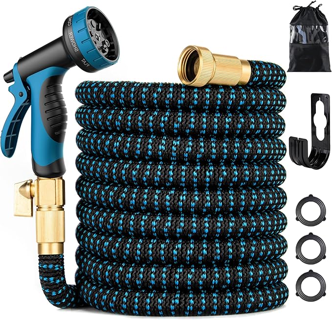 75 ft Expandable Garden Hose - Kink Free Flexible Water Hose 75ft with 10 Pattern Spray Nozzle, 3/4 Solid Brass Connectors, Retractable Latex Core - Lightweight Expanding Hose