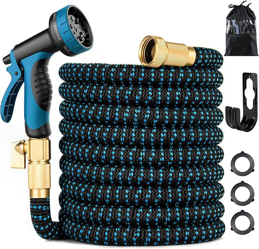 75 ft Expandable Garden Hose - Kink Free Flexible Water Hose 75ft with 10 Pattern Spray Nozzle, 3/4 Solid Brass Connectors, Retractable Latex Core - Lightweight Expanding Hose