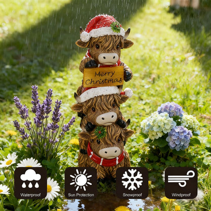 Glintoper Solar Garden Highland Cow Statue, 12" Outdoor Christmas Decoration Lighted Triple Stacked Resin Cow Whimsical Yard Art, Ideal Xmas Birthday, for Porch Pathway Patio Lawn