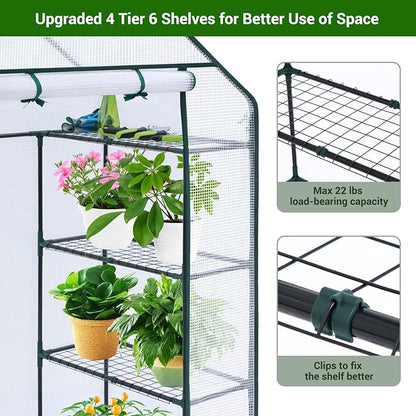Ohuhu Small Greenhouse for Outdoors: 4 Tiers 6 Shelves Walk-in Indoor Green House Heavy Duty Plant Stands Reinforced Plastic PE Cover Mini Portable Warm House for Outside, 4.8x2.5x6.4 FT White