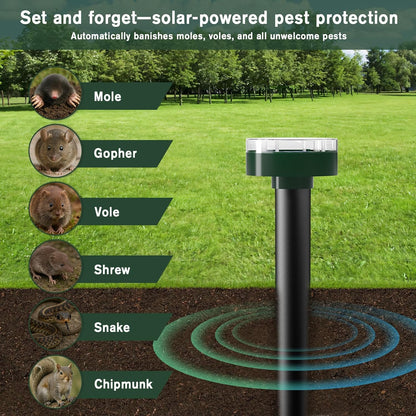 Mole Repellent 10 Pieces,Solar Powered Mouse Repellent Waterproof Rodent Gopher Repellent,360° Mouse Control Outdoor Mole Repeller for Garden Yard & Patio,Green