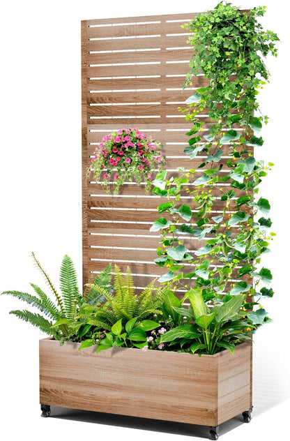 Metal Raised Garden Bed with Trellis, 2-in-1 Planter Box & Privacy Screen for Climbing Plants, Outdoor Standing Flower Bed with Drainage Holes, 35.4" L x 15.7" W x 70.1" H, Cut Oak Grain