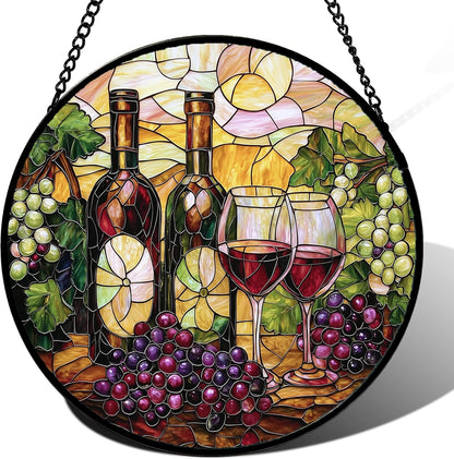 Stained Glass Window Hanging, Grapes and Wine Suncatcher Diamond Glass Panel Hangings Sun Catchers Decor for Birthday for Women, Men, Wife, Aunt, and Mom 14.9x14.9 in