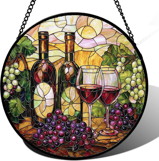 Stained Glass Window Hanging, Grapes and Wine Suncatcher Diamond Glass Panel Hangings Sun Catchers Decor for Birthday for Women, Men, Wife, Aunt, and Mom 14.9x14.9 in
