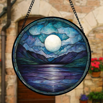 Stained Glass Window Hanging, Blue Night Moon Lake Sun Catchers Colorful Glass Panel Landscape Suncatcher Decor for Birthday for Women, Men, Wife, Aunt, and Mom 6.3 in