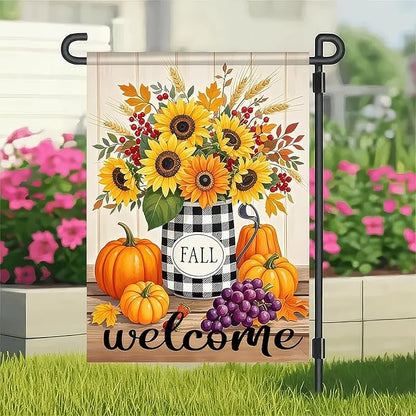Garden Flags 12x18 Inch Fall Welcome Flag Double Sided Sunflower Pumpkin Grape Floral Outdoor Yard Banner for Porch Lawn Patio Autumn Harvest Decor Seasonal Thanksgiving Decoration