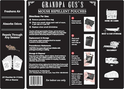 Grandpa Gus's Extra-Strength Mouse Repellent with Bonus Pouch Holder, Cinnamon/Peppermint Oils Repel Mice from Nesting & Freshen Air in Car/RV/Boat/Garage/Shed/Cabin, 1.75 Oz (10 Pouches)