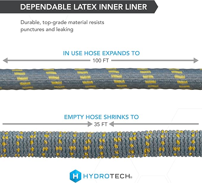 HydroTech 100 ft Expandable Garden Hose with Patented Force Control Technology - 5/8" No-Kink Flexibility, Lightweight Hose for Lawn, Garden, Car Washing, Deck and Patio Cleaning