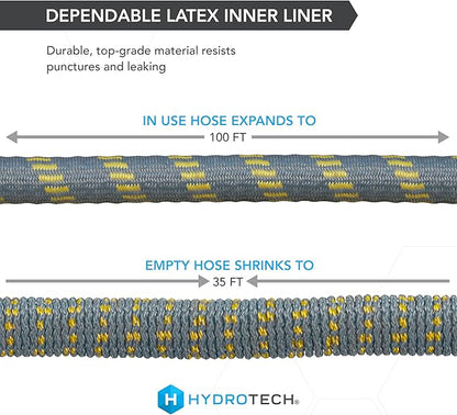 HydroTech 100 ft Expandable Garden Hose with Patented Force Control Technology - 5/8" No-Kink Flexibility, Lightweight Hose for Lawn, Garden, Car Washing, Deck and Patio Cleaning