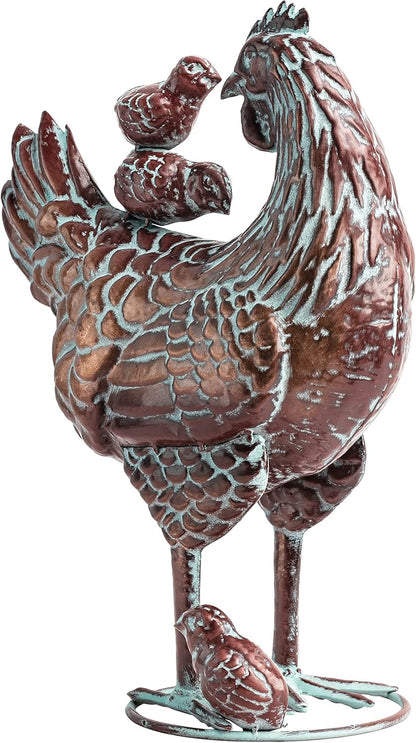 Metal Hen with Chicks Statues Yard Art, 13.5"x18" Metal Hen Chicken Figurine Decor, Vintage Outdoor Garden Statue Sculpture, Lifelike Garden Mother Hen & Baby Chick Sculptures for Chicken Lovers