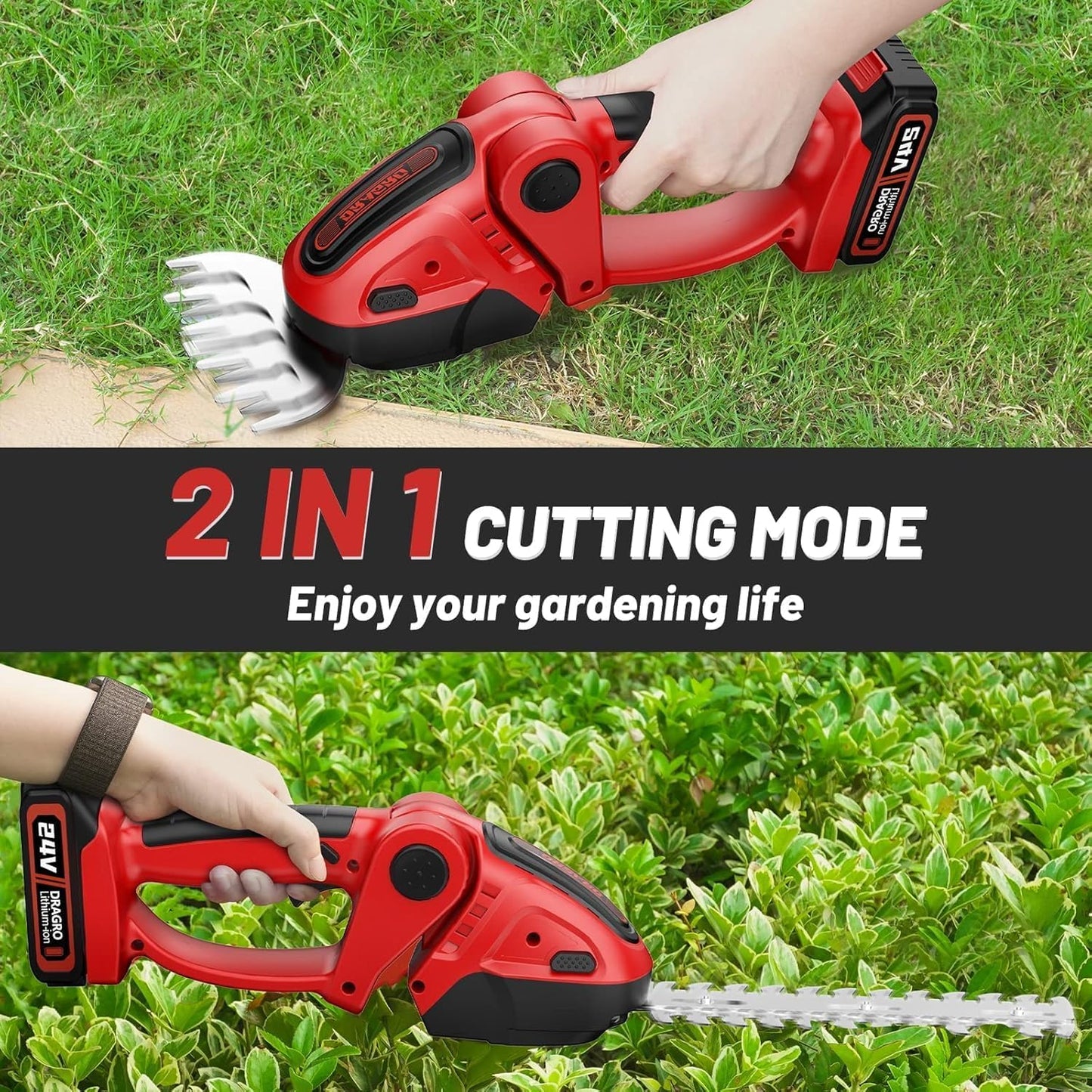 24V Cordless Grass Shears, 2200RPM 2-in-1 Handheld Electric Grass Cutter/Shrubbery Trimmers, Mini Shrub Trimmer Battery Operated Hedge Trimmer with 2Pcs 2.0Ah Batteries and Charger Included