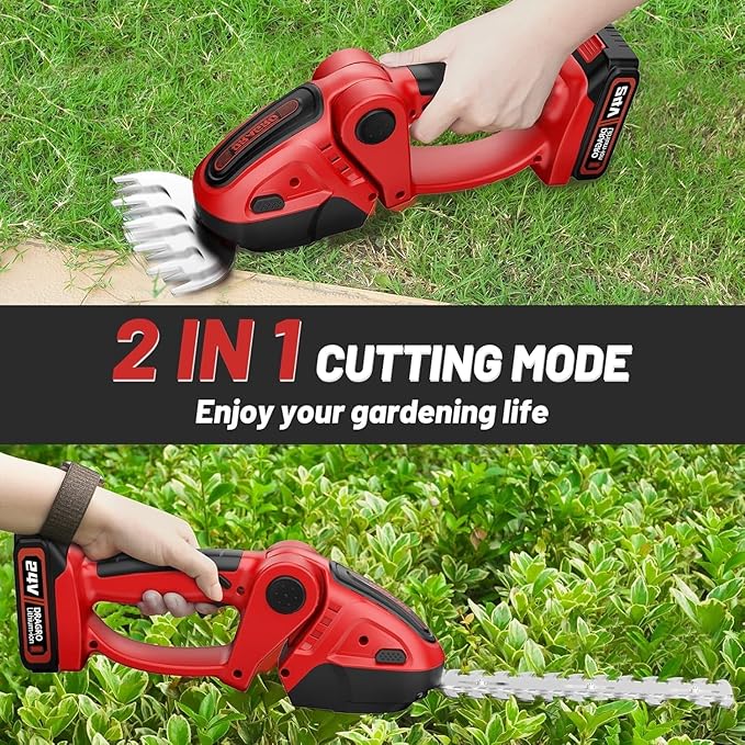 24V Cordless Grass Shears, 2200RPM 2-in-1 Handheld Electric Grass Cutter/Shrubbery Trimmers, Mini Shrub Trimmer Battery Operated Hedge Trimmer with 2Pcs 2.0Ah Batteries and Charger Included
