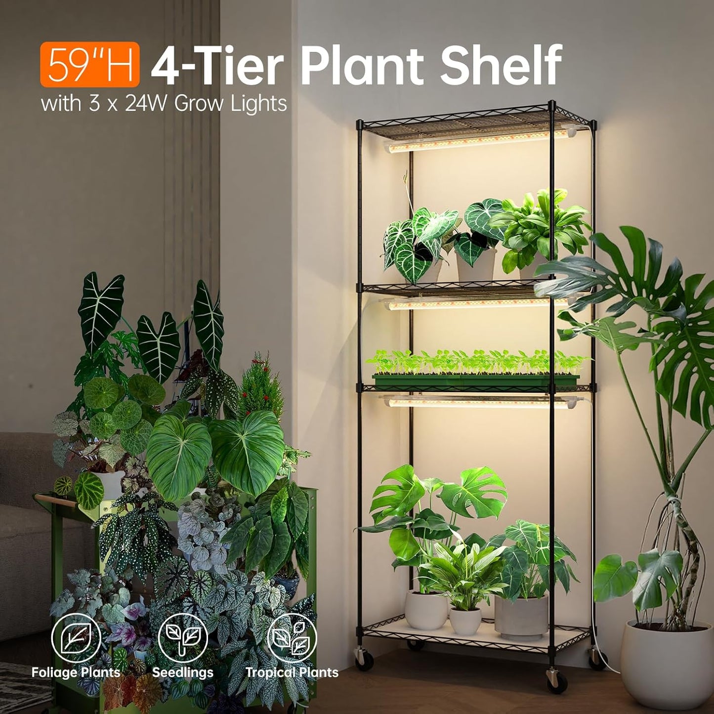 Bstrip Plant Shelf with Grow Light with Timer, Plant Stand with Adjustable Rack and Wheels, 3 Pack 72W T8 2FT Full Spectrum Grow Lights for Indoor Plants, Seed Starting, Seed Tray, 23.5"x13.8"x59"