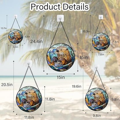 Stained Glass Suncatcher, Blue Ocean Cute Sea Otter Sun Catcher Stain Glass Window Hanging Decoration Mother's Day Birthday Gifts for Women Men Mom Nana 9.8 in