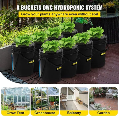 VEVOR DWC Hydroponic System, 5 Gallon 8 Buckets, Deep Water Culture Growing Bucket, Hydroponics Grow Kit with Pump, Air Stone and Water Level Device, for Indoor/Outdoor Leafy Vegetables