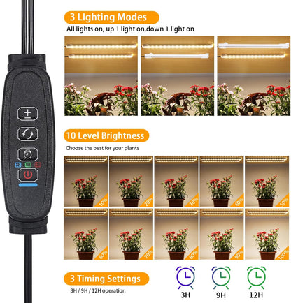 8.6'' Mini Two Strip Growing Lamp for Indoor Plants, 3000K Full Spectrum LED Grow Light Strips with Auto ON/Off 3/9/12H Timer & 10 Dimmable Levels for Green House Succulent (2 Head×2 Pack)