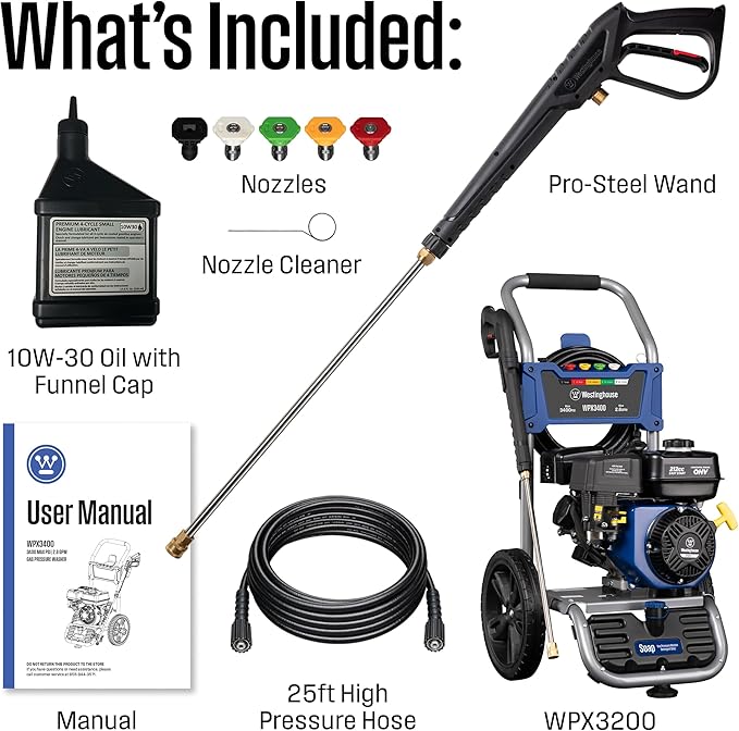 Westinghouse WPX3400 Gas Pressure Washer, 3400 PSI and 2.6 Max GPM, Onboard Soap Tank, Spray Gun and Wand, 5 Nozzle Set, for Cars/Fences/Driveways/Homes/Patios/Furniture