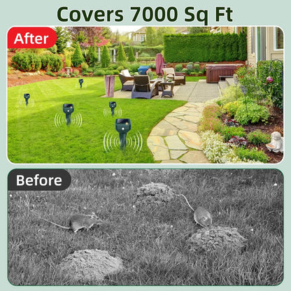 Mole Repellent Solar Powered, 4 Pack Snake & Skunk Repellent for Yard, IP 65 Waterproof Ultrasonic Deterrent Stakes, Get Rid for Rabbit, Gopher, Vole, Chipmunk, Deer, Groundhog for Lawns Garden