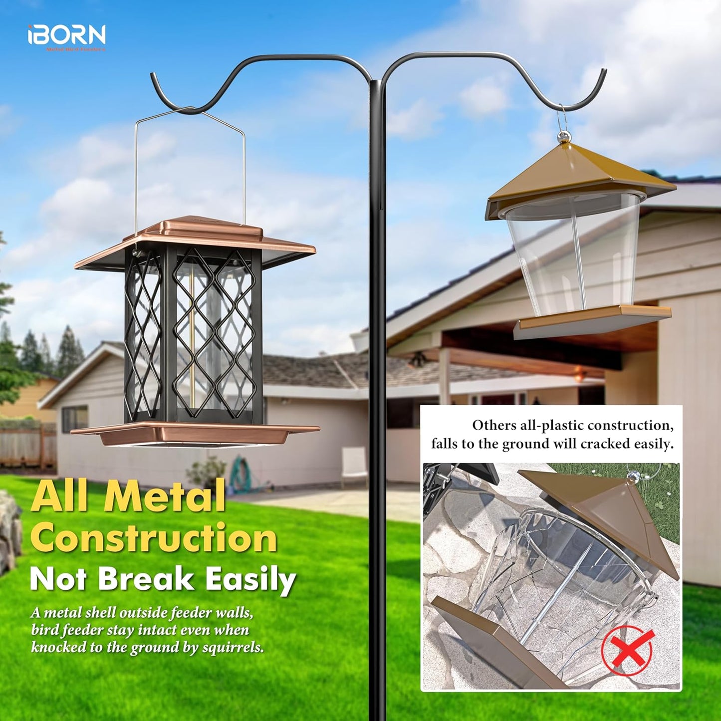 iBorn Bird Feeders for Outdoors, Metal Bird Feeder, Wild Bird Feeders for Cardinal, 2.4LBS Capacity,18cm Large Roof, Lantern Style, Brush Copper