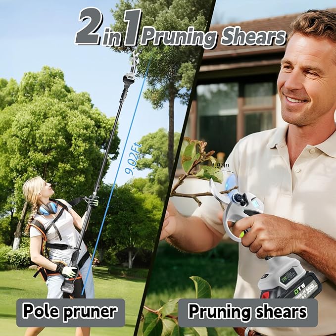 Electric Pruning Shears with Pole 1.4-2.0 Cutting Diameter & 2-IN-1 Electric Pole Pruner,2PCS 3.0Ah Batteries,Brushiless Motor,4 Modes Adjustable Branches Cutter for Flower, Tree Trimming(Gray)