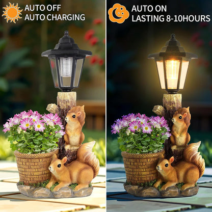 Solar Squirrels Outdoor Statues, Garden Sculptures with Flowerpot Decor & Solar Lantern for Yard Art Lawn Ornaments Porch Patio Balcony - Birthday Gifts for Women Mom