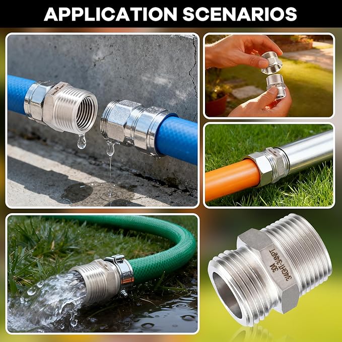 [2 Pack] 304 Stainless Steel Garden Hose Fittings Connectors Adapter Male 3/4”GHT × Male 3/4”NPT With Female 1/2" NPT, Garden Hose to Pipe Fittings Connect