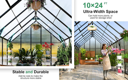 CDCASA 10x24 FT Greenhouse for Outdoors,Large Easy Assembly Thicker Aluminum Polycarbonate Greenhouses with 5 Windows, Double Door,Outside Walk-in Green House for Patio, Backyard,Garden