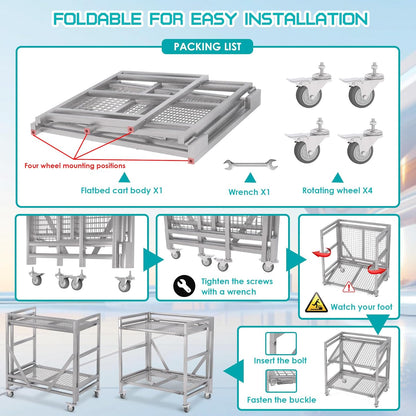 2 Shelf Rolling Cart with Wheels, 660lbs Capacity Collapsible Steel Rolling Utility Cart, Heavy-Duty Foldable Hand Truck, Metal Storage Carts with Handle for Groceries, Warehouse (36" Lx26 W)