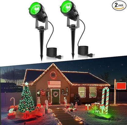 LOHAS Landscape Green Christmas Spot Lights Outdoor, 10W Dusk to Dawn Sensor LED Spotlights for Yard, IP66 Waterproof Pathway Garden Outside Lights, 9.84ft Cord, Green Lawn Decor Lamp, UL Listed,2Pack