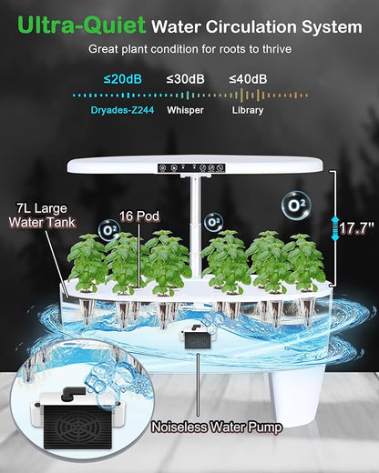 Hydroponic Growing System Kit 16 Pods, Smart Herb Garden with Sprout Mode Can Seedling in Advance & 24W Full Spectrum LED Grow Light, Indoor Garden Planter for Home/Office/School (White)