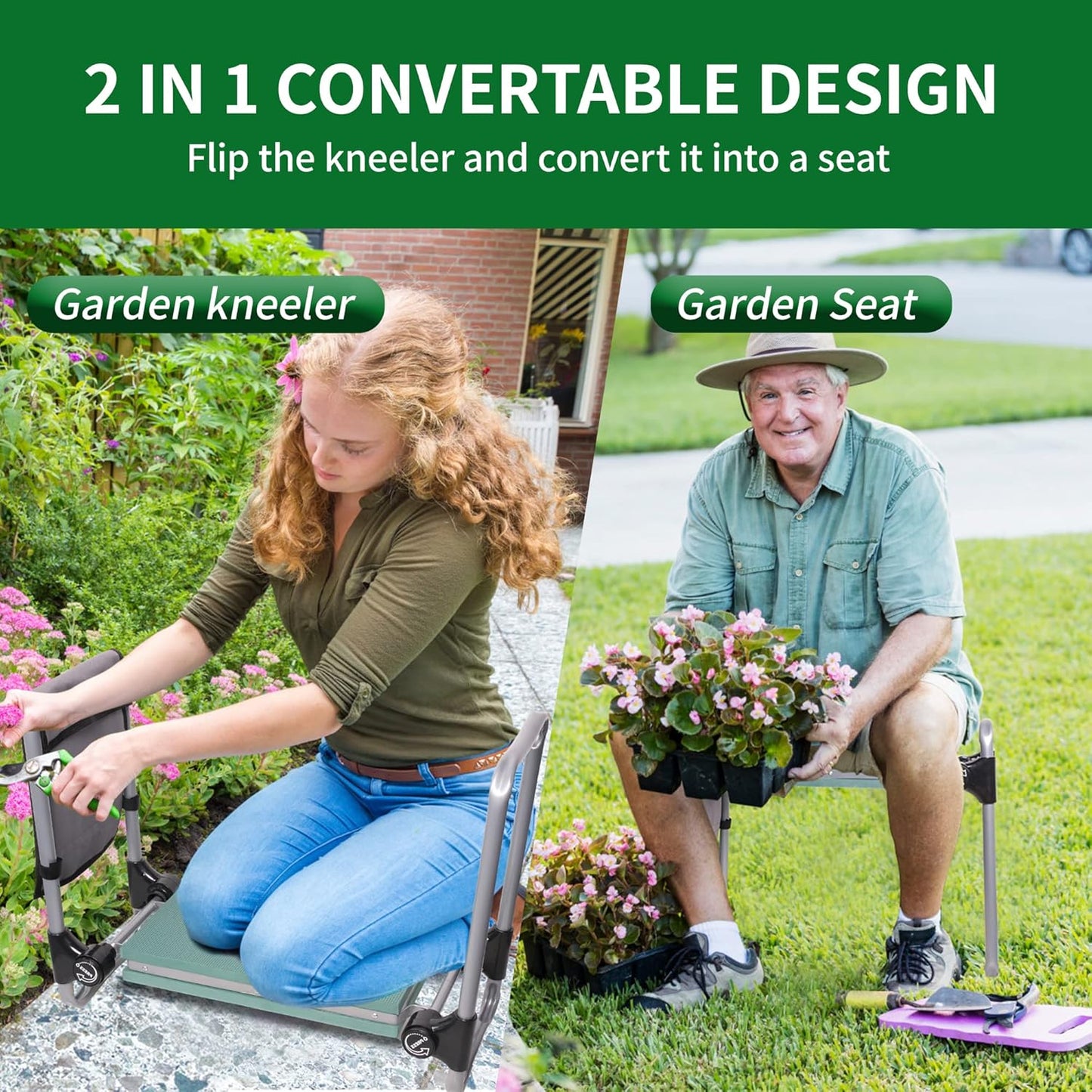LUCKYERMORE Upgraded Garden Kneeler and Seat, Gardening Stool Kneeling Bench for Gardening with Tool Pouch, Wider&Softer EVA Kneeling Pad, Gardening Gifts for Parents Seniors, Lightweight & Heavy Duty