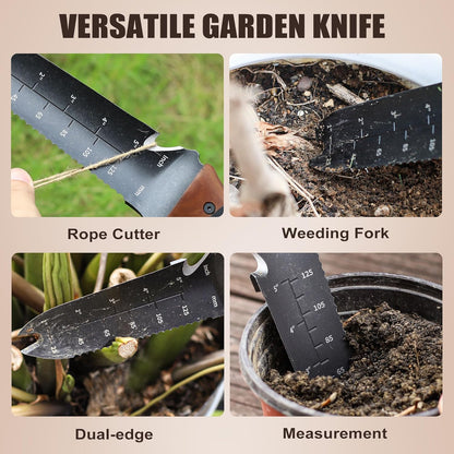 TOPLINE Hori Hori Garden Knife with Oxford Sheath, 7”Stainless Steel Blade with Cutting Edge, Folked Tip Design, Full Tang Walnut Handle, Multifunctional Garden Tools for Weeding, Planting, Cutting