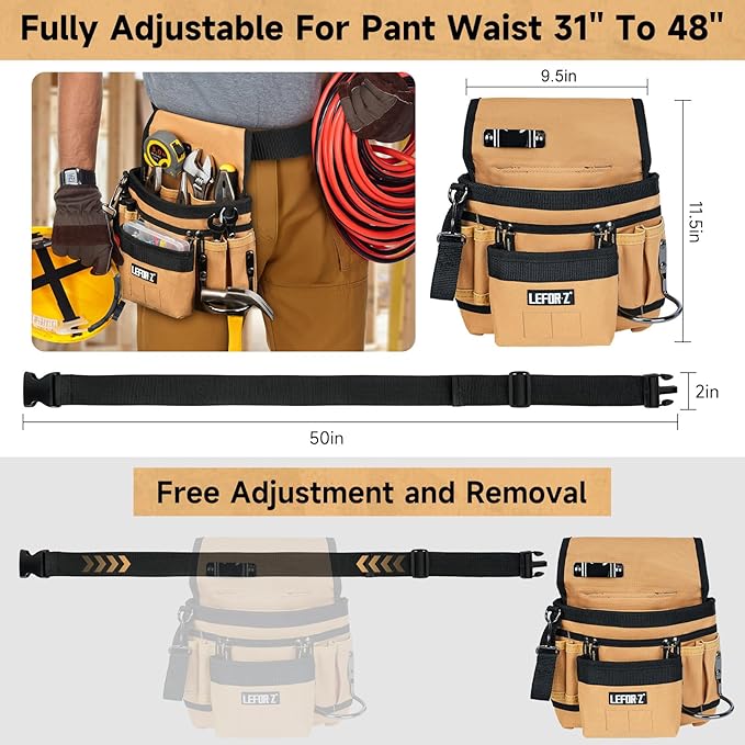 Tool Belt,Magnetic Tool Pouch,14-Pockets Tool Belts for Men,Detachable & Adjustable Tool Pouch belt for Electrician,Carpenter,Construction,Work Apron,Utility Belt,Black-Brown