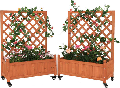 2 Pcs Wooden Planter Boxes with Trellis: Four Universal Wheels for Easy Mobility, 37.6" H x 27.5" W x 13" D,Perfect for Outdoor Climbing Plants on Patios, Balconies & Gardens