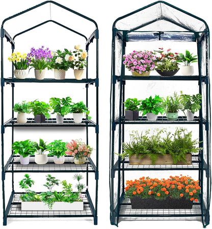 GreenGiggle 4 Tier Mini Indoor Outdoor Greenhouse,27"x19"x62" Greenhouses with PVC Cover and Roll-Up Zipper Door,Plastic Green House for Inside Grow Tent&Garden greenhouses for Outdoors