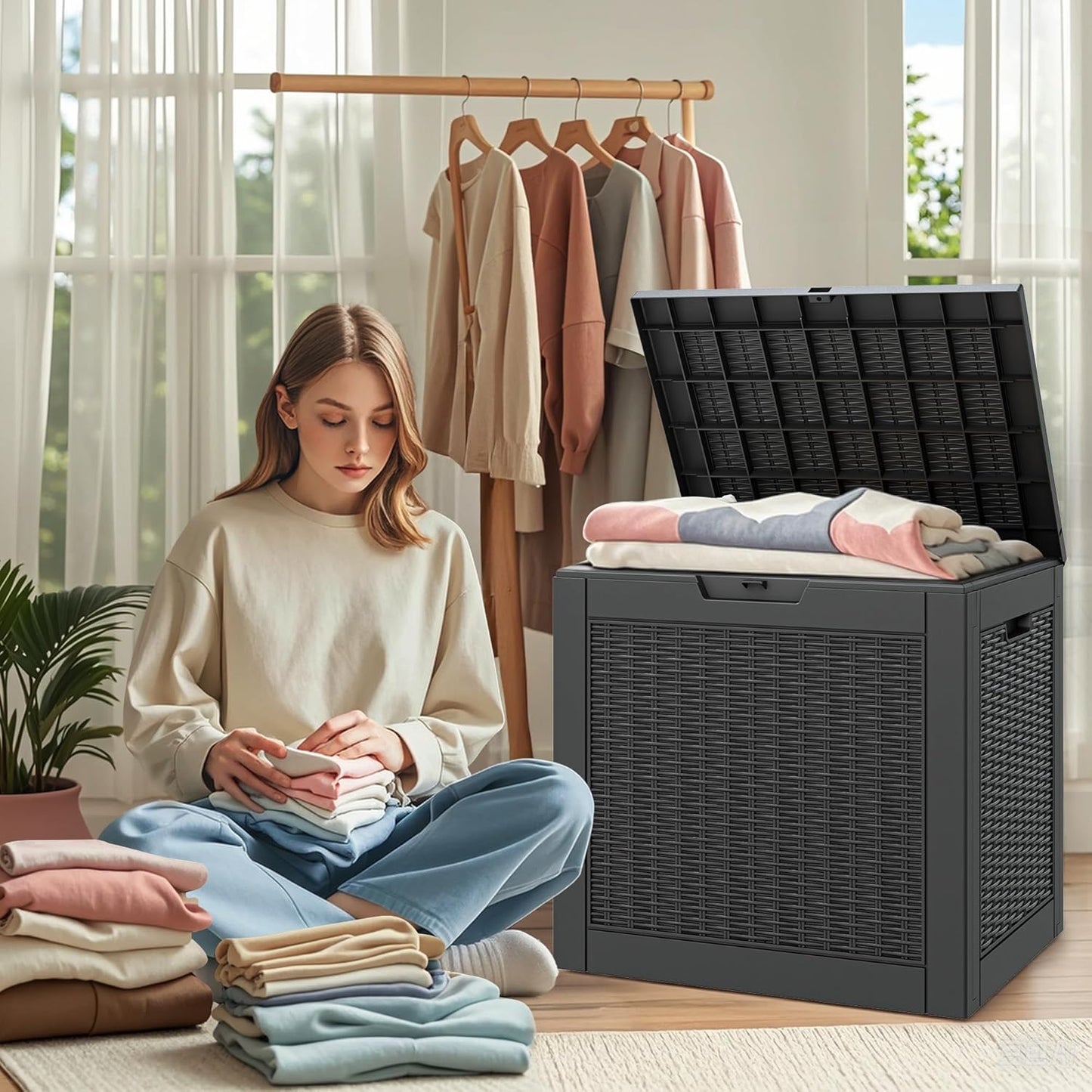 Outdoor Storage Box, Resin Deck Boxes Indoor and outdoor, Waterproof Storage Box Lockable Lid (Black, 35 Gallon-2 Pack)