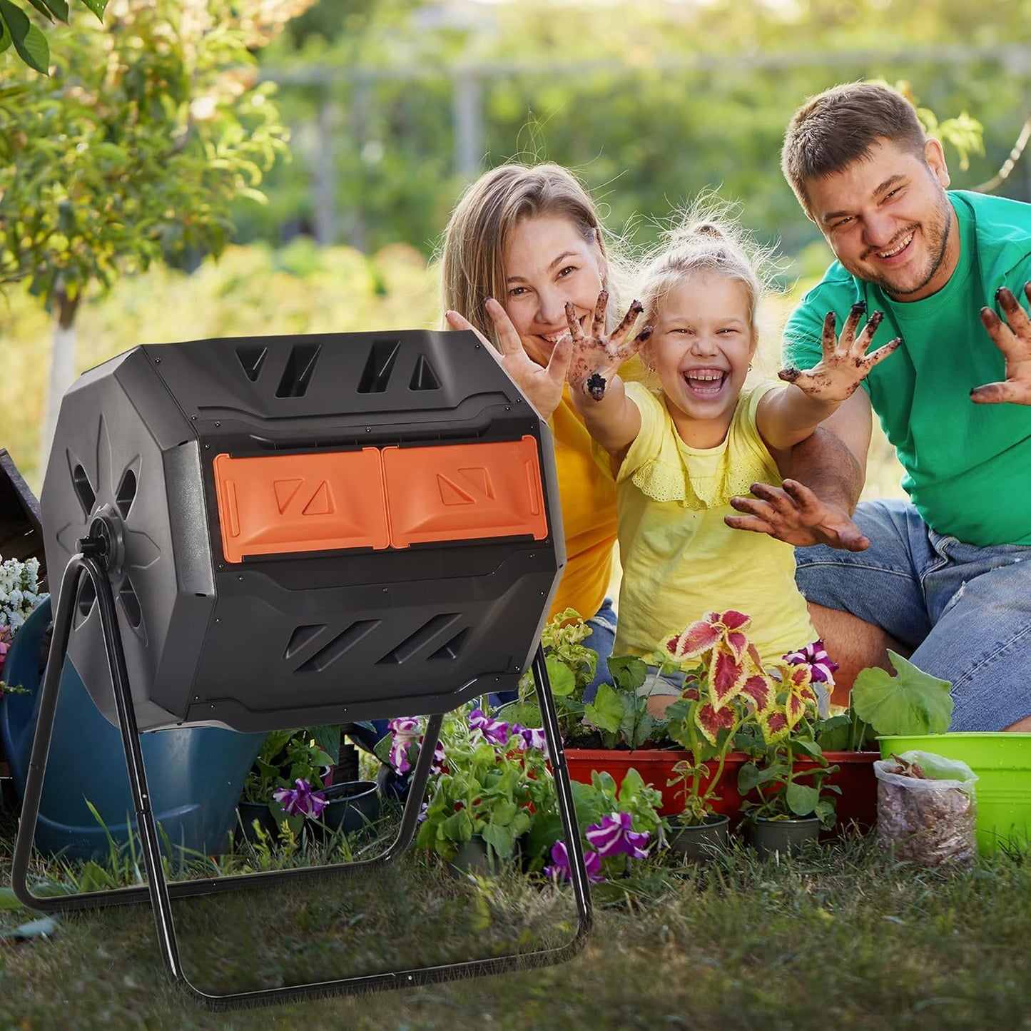 Outsunny Tumbling Compost Bin Outdoor 360° Dual Chamber Rotating Composter 43 Gallon, Orange