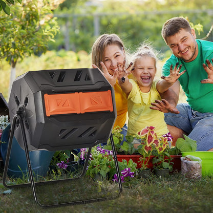 Outsunny Tumbling Compost Bin Outdoor 360° Dual Chamber Rotating Composter 43 Gallon, Orange