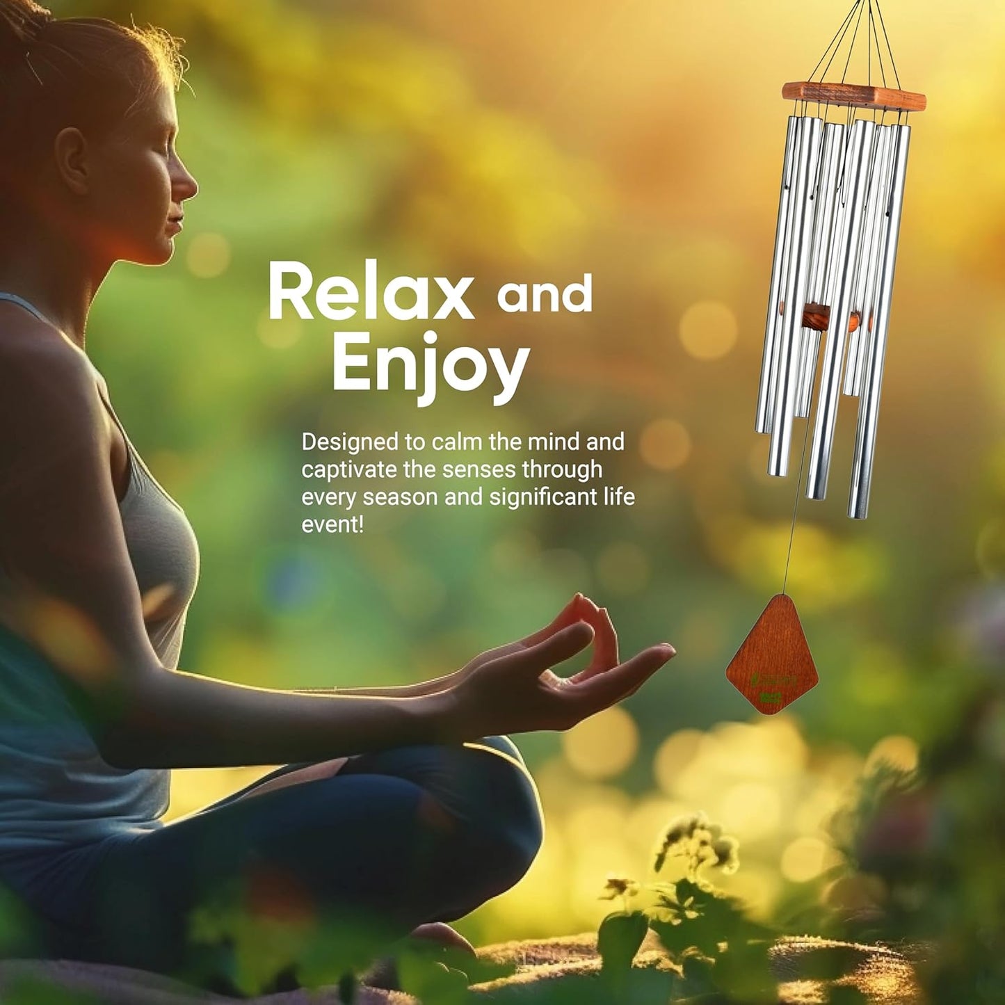 Nature’s Melody Premiere Grande Tunes Wind Chimes – Outdoor Windchime with 6 Tubes Tuned to E Pentatonic Scale, Rustproof Aluminum, Beech Wood & S Hook Hanger for Sympathy, Memorial Gift or Zen Garden