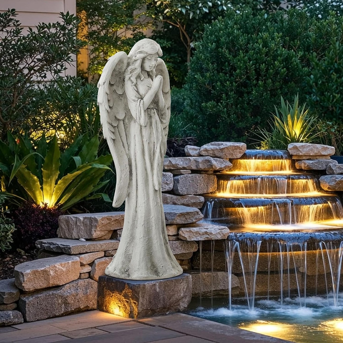 Praying Angel Statue for Outdoor Garden, 31 Inch Large Heavenly Memorial Sculpture,Durable Magnesium Oxide Stone for Yard, Patio or Cemetery Decor,Offering Comfort & Peace, Antique White